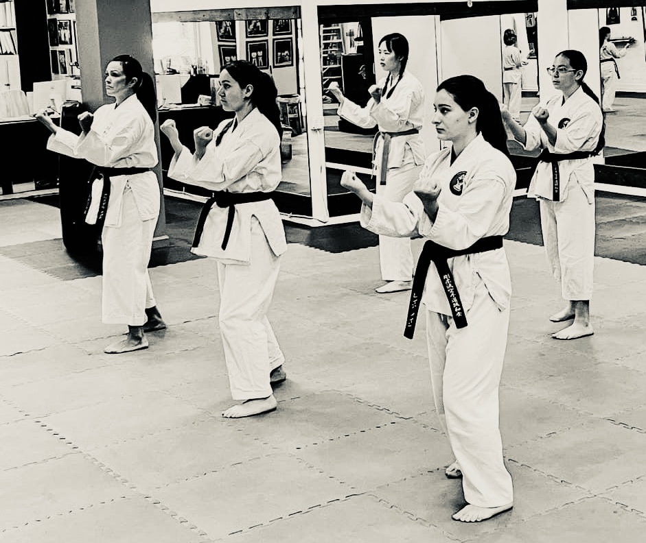 adult-kihon-basics-karate-classes-west-la A group of adult women and girl karate students practicing synchronized traditional karate blocks and stances during a Kihon basics training class at Karate of LA