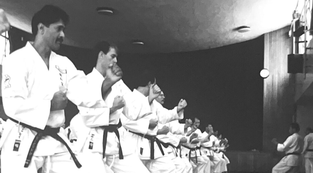 Shihan Vassie Naidoo aligned in uniform with other students practicing traditional martial arts during a karate training seminar in Japan focused on karate training tips.
