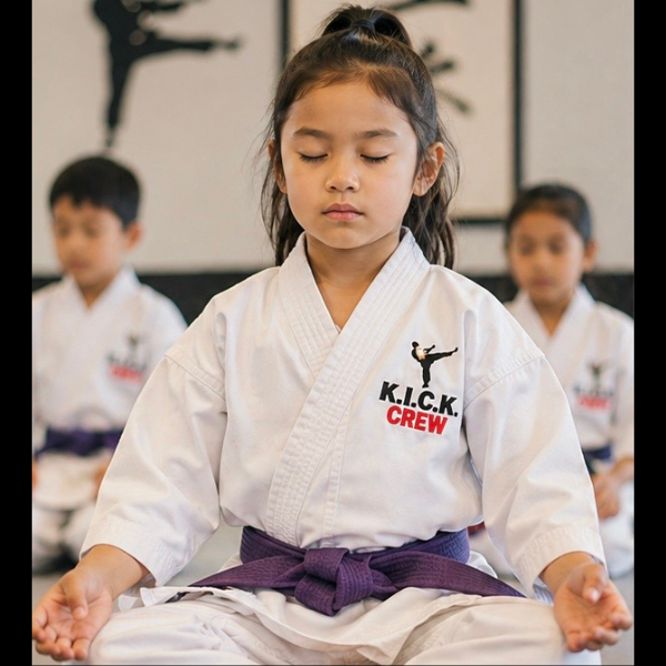 A young girl sitting cross-legged meditating in a karate gi with her eyes closed