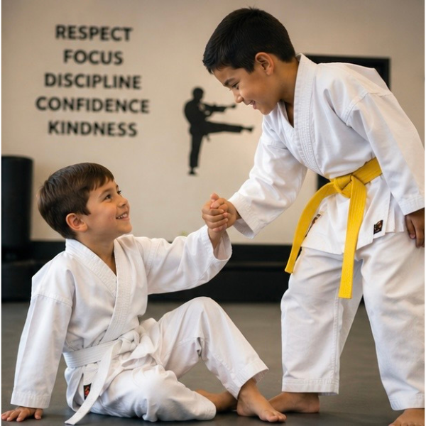 A young boy with a yellow belt helping up a smiling classmate on the dojo mat