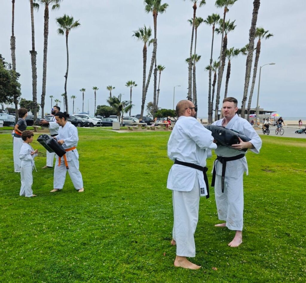 Outdoor Martial Arts Impact Shield Drills Karate students practicing heavy impact shield drills and power striking mechanics during outdoor karate training.