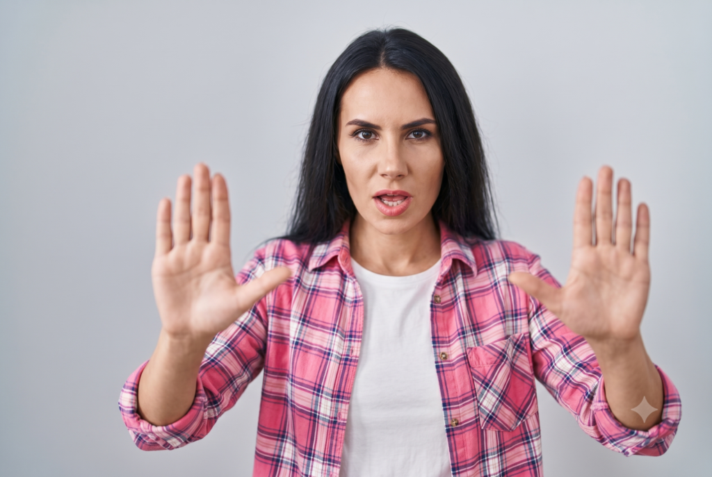 A woman in a pink plaid shirt holds both hands up with open palms facing forward in a defensive boundaries posture against a white background.