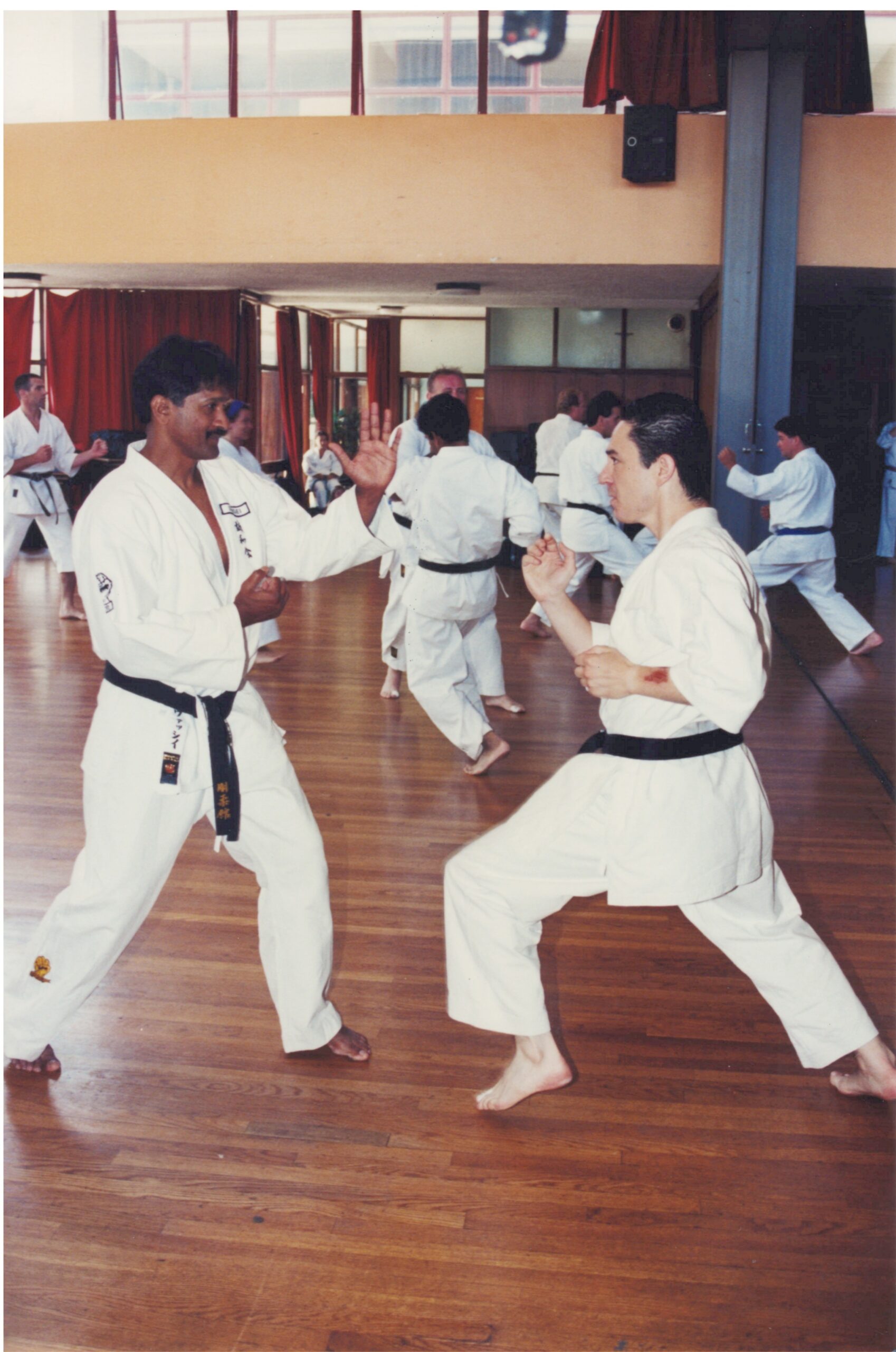 Historic 1995 photograph of a younger Vassie Shihan training on a wooden floor at a Goju-Ryu Seiwakai karate seminar in Japan, practicing dynamic hand drills with another black belt.