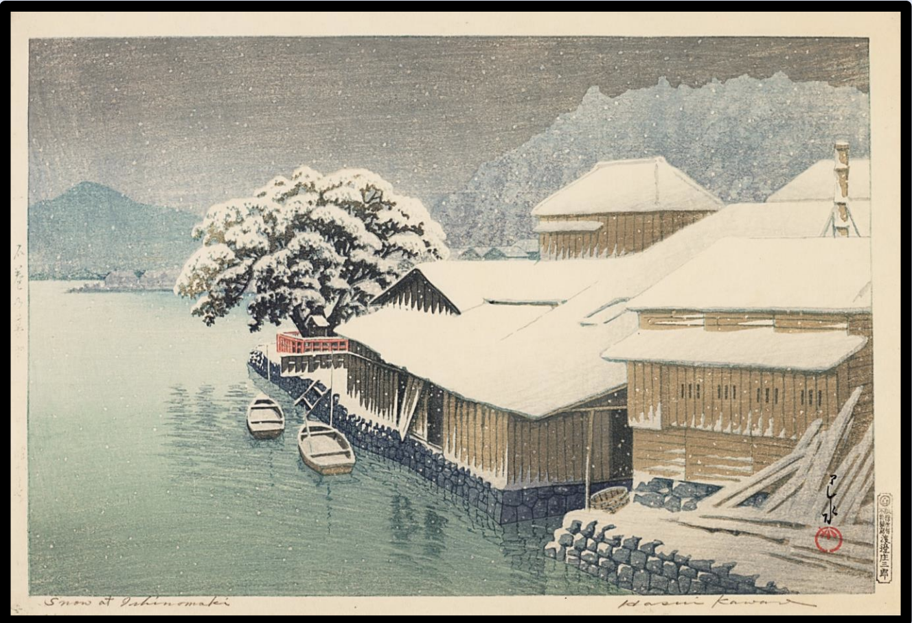 Seiwa-Kai Newsletter Issue 64 Cover Artwork - Kawase Hasui: Evening Snow at Ishinomaki