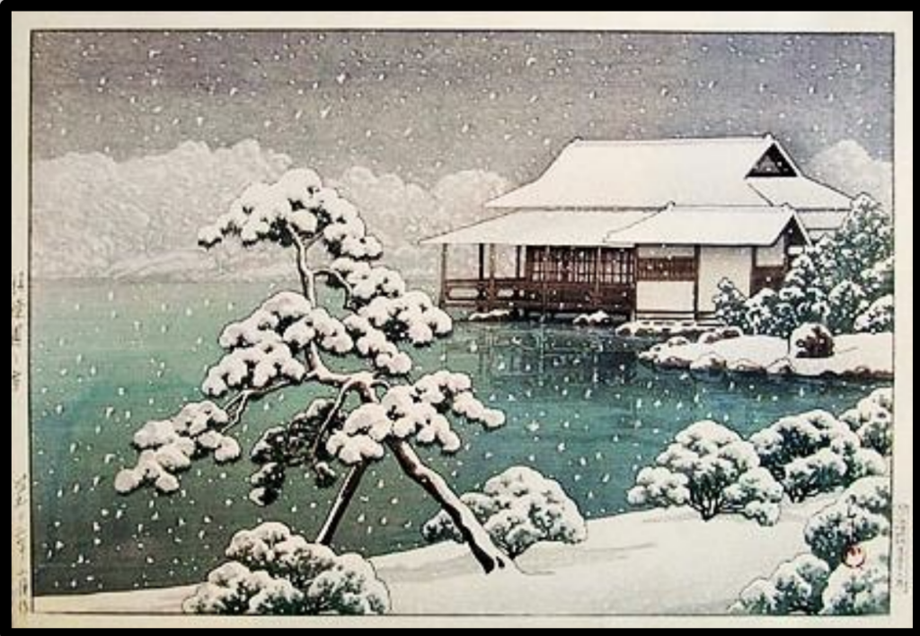 Kawase Hasui: Snow at Seichoen Garden Seiwa-Kai Newsletter Issue 76 - Cover Artwork - Kawase Hasui: Snow at Seichoen Garden