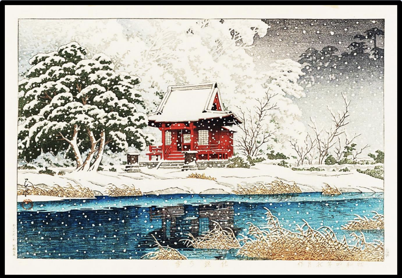 Seiwa-Kai Newsletter Issue 52 Cover Artwork - Kawase Hasui: The Inokashira Benten Shrine in Snow