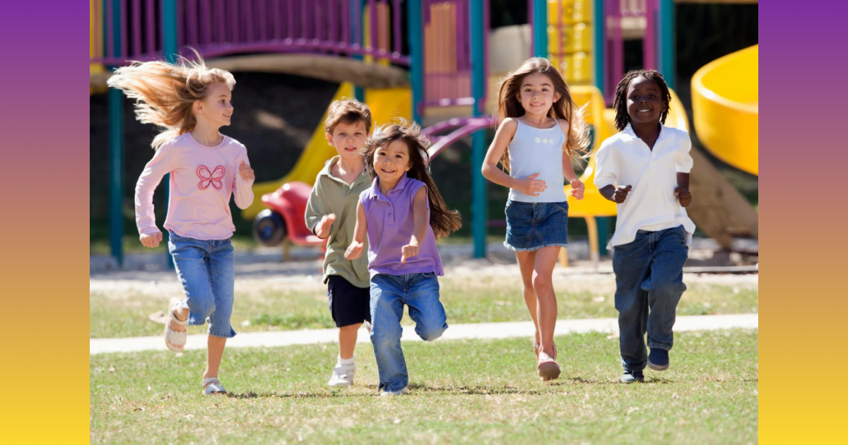 A diverse group of happy children running and playing confidently on a sunny playground, representing child safety and social confidence boundaries. This represents kids boundary setting skills.