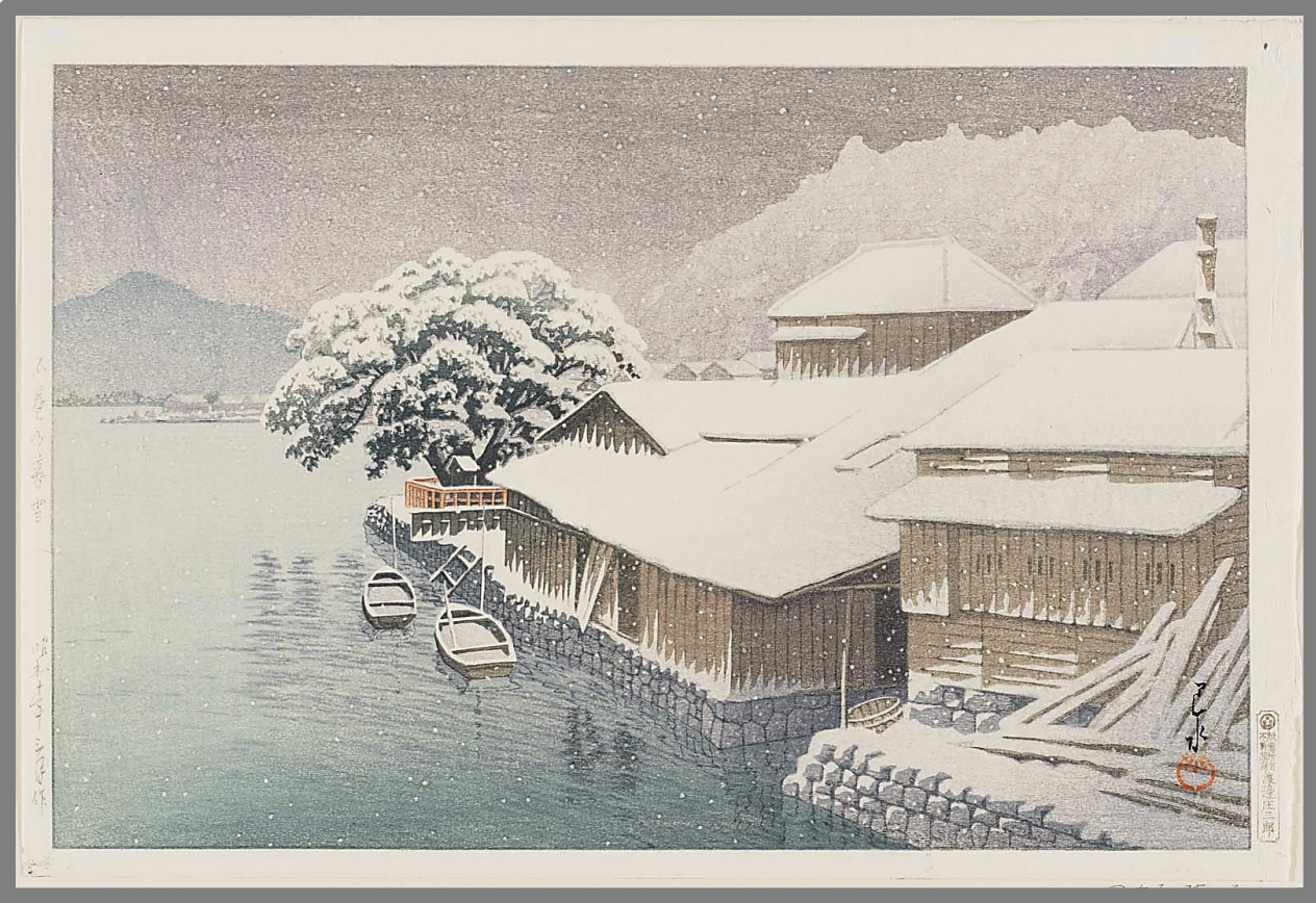 Seiwa-Kai Newsletter Issue 16 Cover Artwork - Kawase Hasui: Evening Snow at Ishinomaki 1935