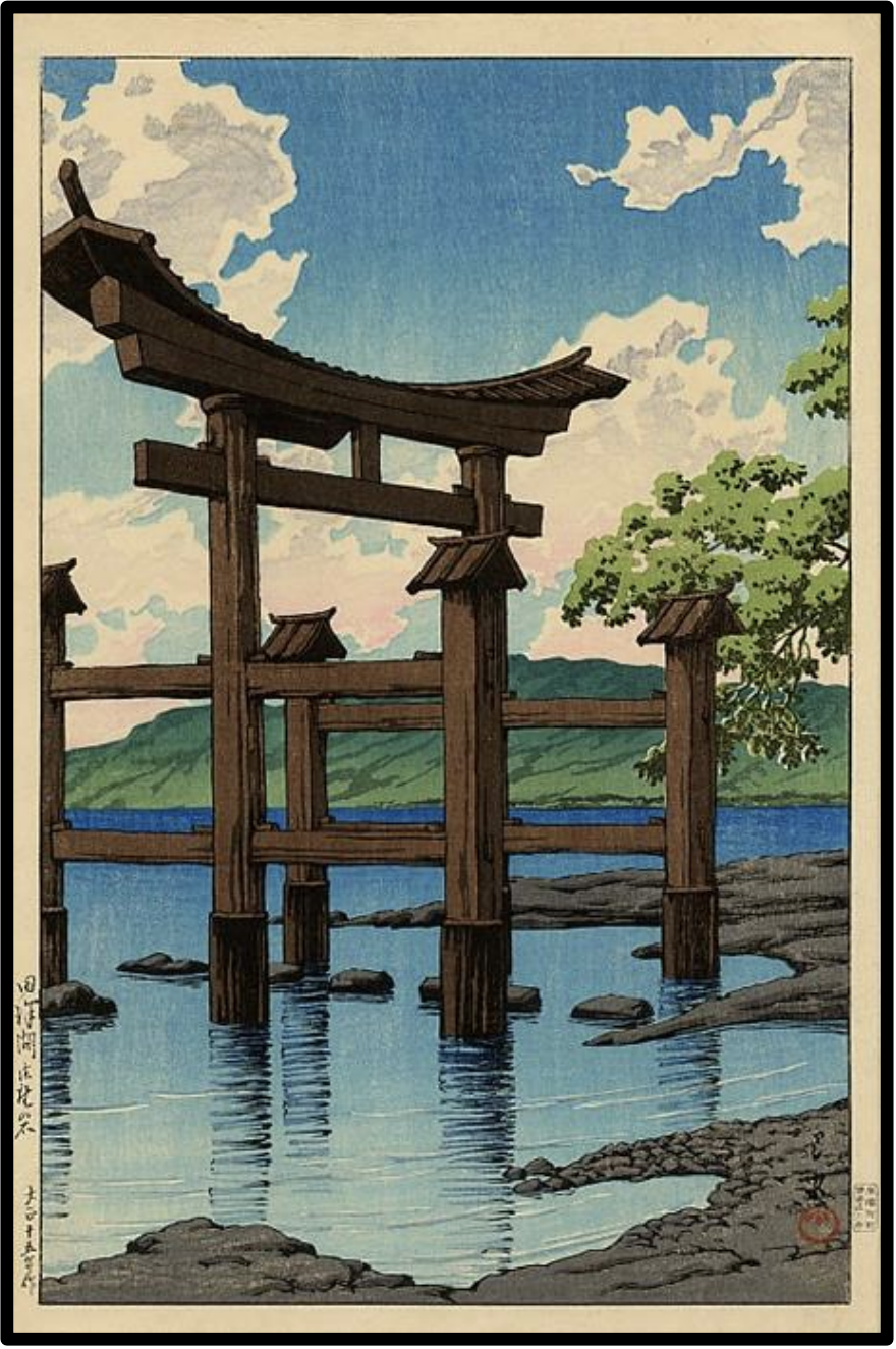 Seiwa-Kai Newsletter Issue 12 Cover Artwork - Kawase Hasui: Gozanoishi Shrine at Lake Tarawa