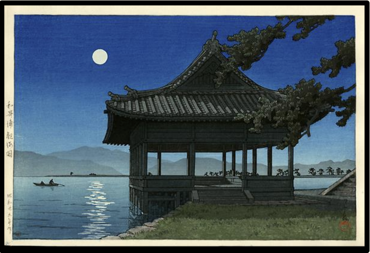 Seiwa-Kai Newsletter Issue 30 Cover Artwork - Kawase Hasui: Kankai Pavilion at Wakaura Beach