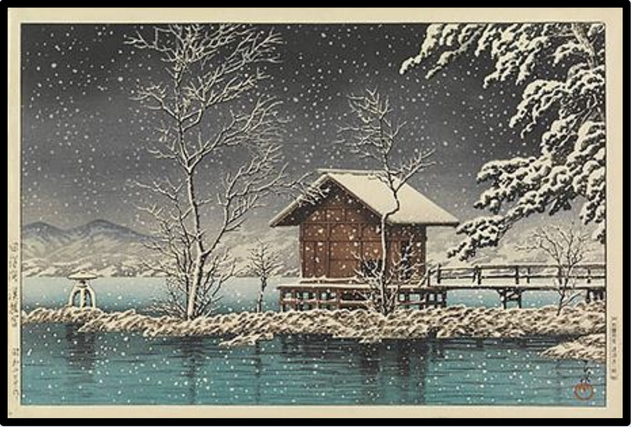 Seiwa-Kai Newsletter Issue 39 Cover Artwork - Kawase Hasui: Kansa Temple at Lake Tarawa
