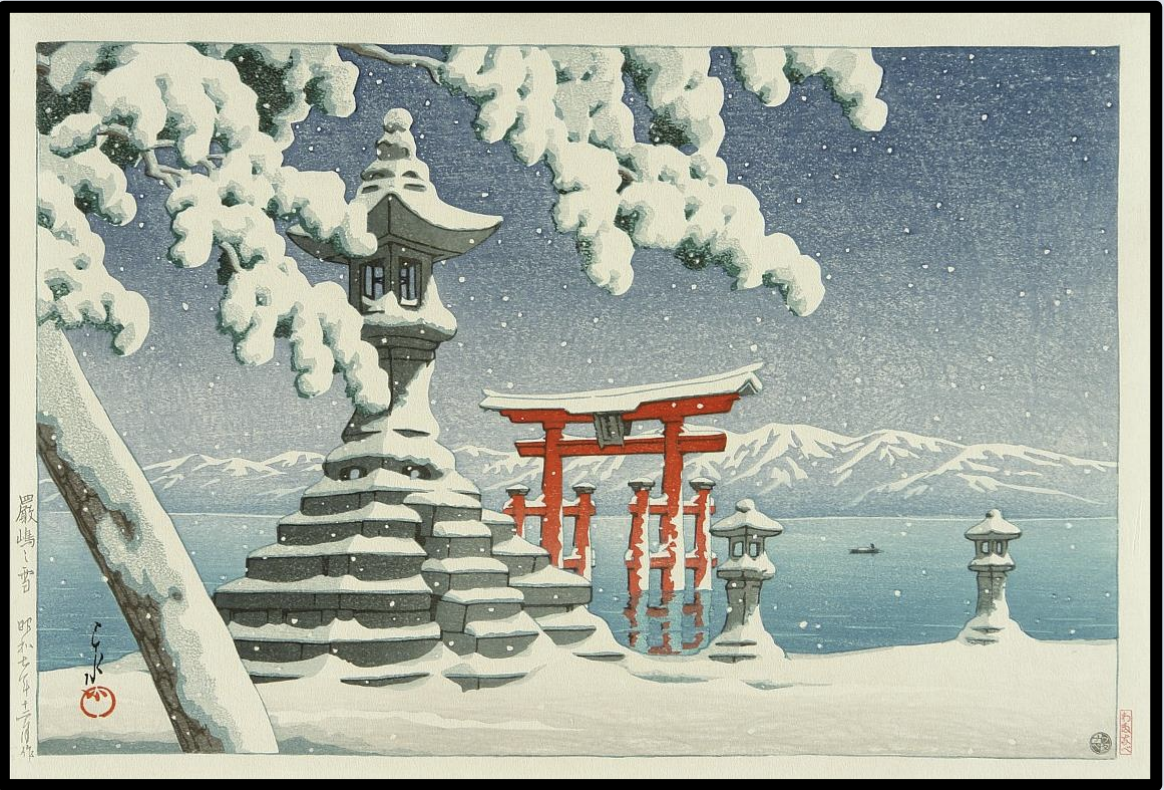 Seiwa-Kai Newsletter Issue 28 Cover Artwork - Kawase Hasui: Miyajima Shrine in Winter Show at Itsuku-shima