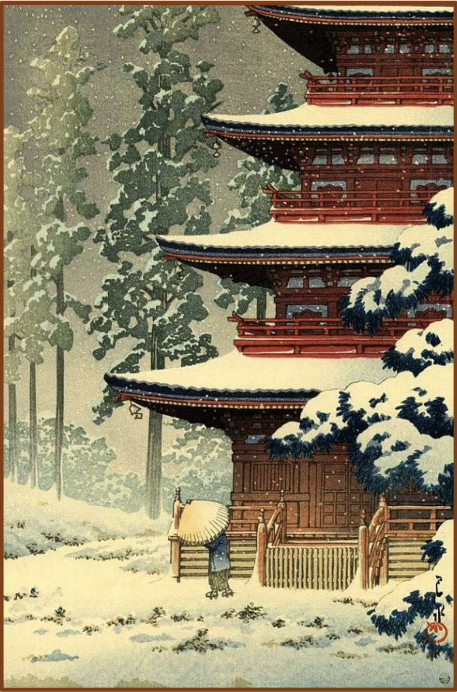 Seiwa-Kai Newsletter Issue 22 Cover Artwork - Kawase Hasui: Pagoda for Sasho-in Temple in Snow at Hirosaki