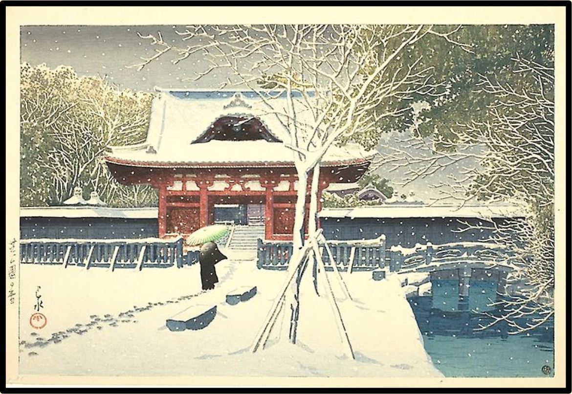 Seiwa-Kai Newsletter Issue 27 Cover Artwork - Kawase Hasui: Shiba Koen no Yuki Snow at Shiba Park Tokyo