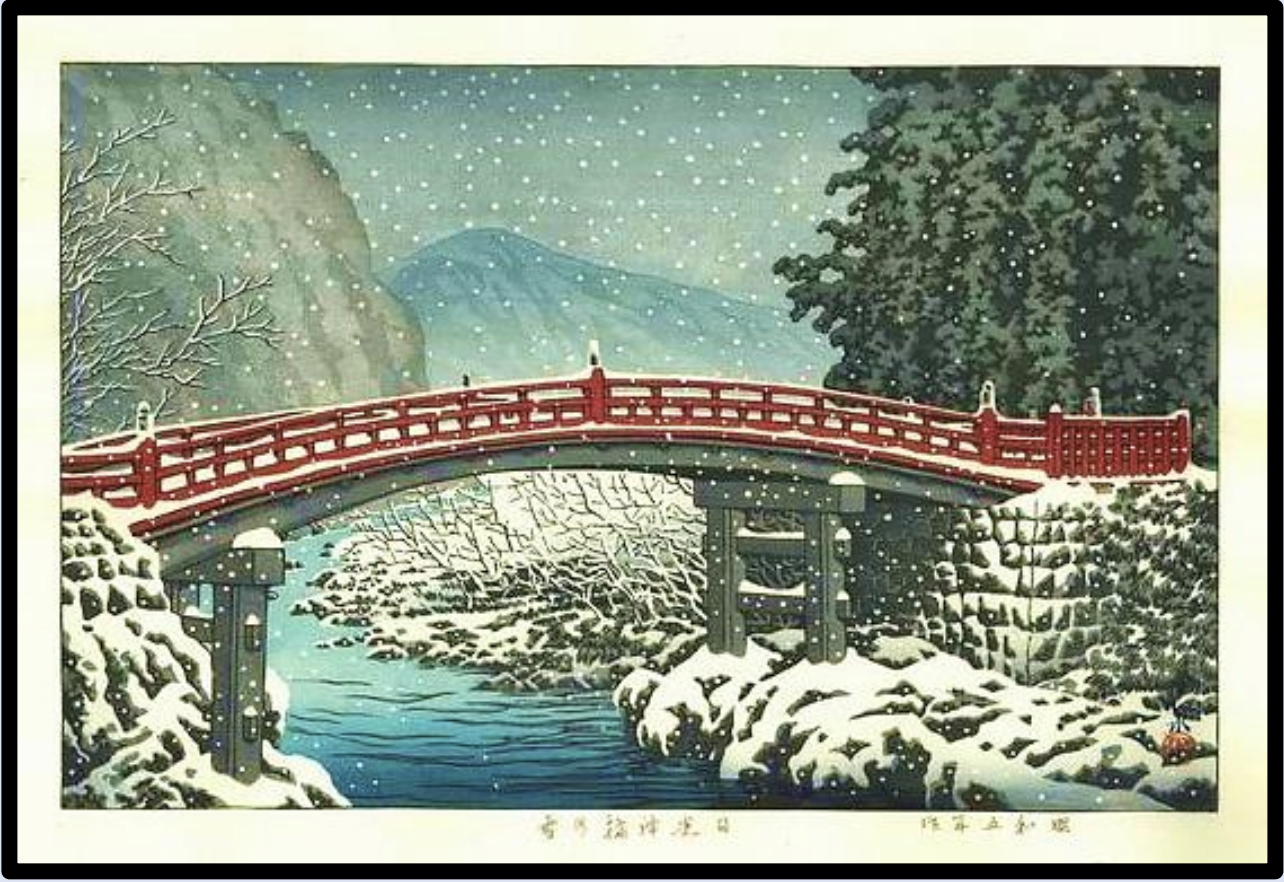 Seiwa-Kai Newsletter Issue 40 Cover Artwork - Kawase Hasui: Snow at Shinkyo Bridge, Nikko