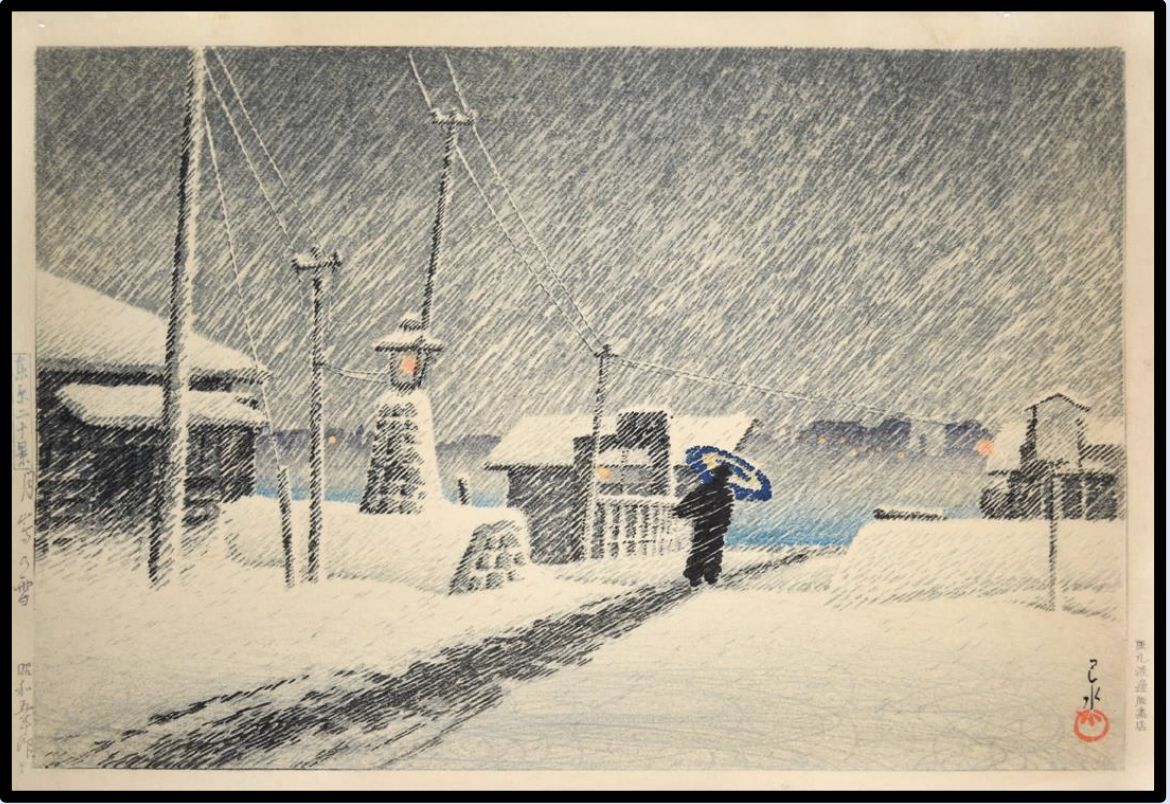 Seiwa-Kai Newsletter Issue 33 Cover Artwork - Kawase Hasui: Snow at Tsukijima