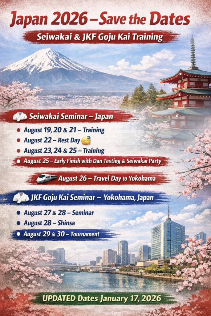Flyer for the 2026 Japan Seiwakai and JKF Goju Kai Seminars Flyer for the Goju-Ryu Pan-American Seiwa-Kai Seminar and Shinsa on November 6-8, 2026 in Los Angeles, CA, USA. Featuring instructors Seiichi Fujiwara, Hanshi, 8th Dan and Vassie Naidoo, Shihan, 8th Dan. Advance registration discount ends on October 1, 2026. For more information and registration visit karateofla.com/seiwakai-seminar-2026/