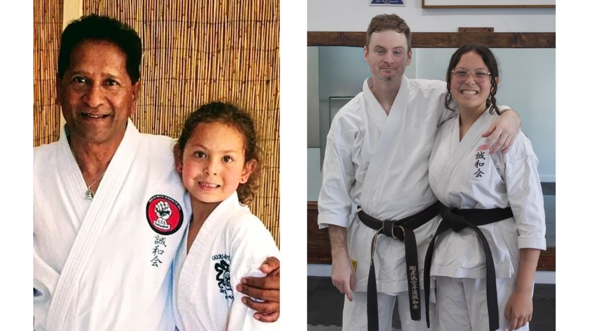 Side-by-side comparison of a Karate of LA student training at age 4 in a white belt alongside a current photo of them as a confident teen preparing for high school.