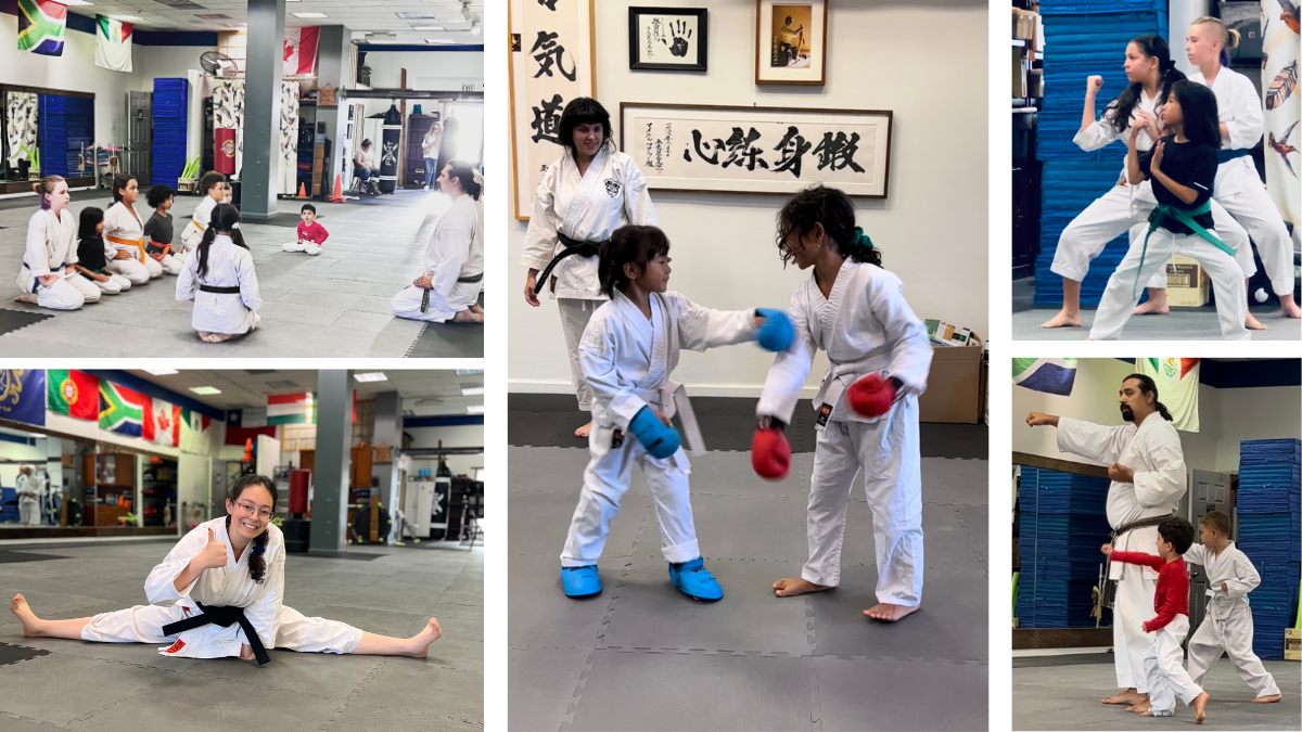 Collage showing Karate of LA youth martial arts programs tailored by age: preschool toddlers practicing motor skills, elementary kids in white gis performing traditional kata, and teens training in practical self-defense in West Los Angeles.